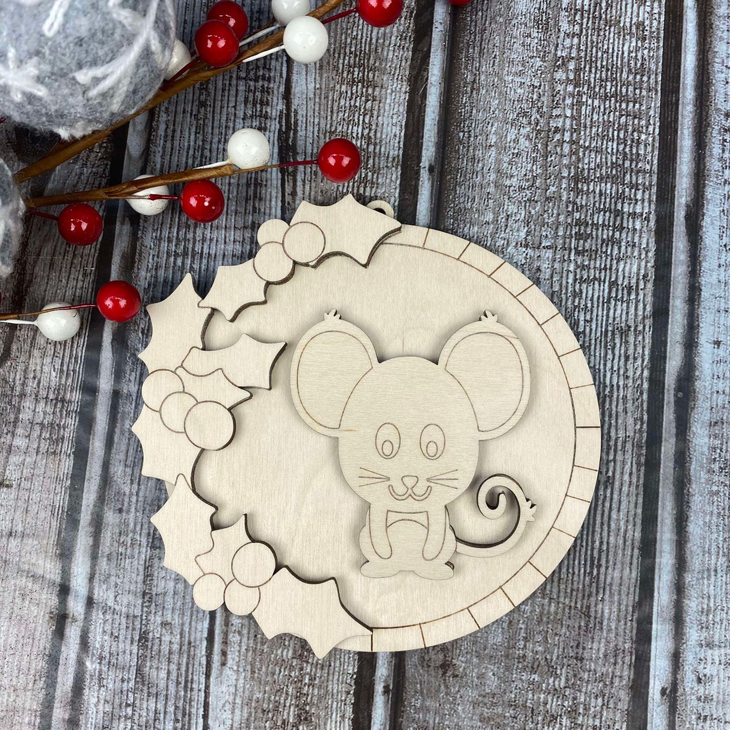 Whimsical Holly & Checked Mouse Ornament / Gift Tag - Glowforge