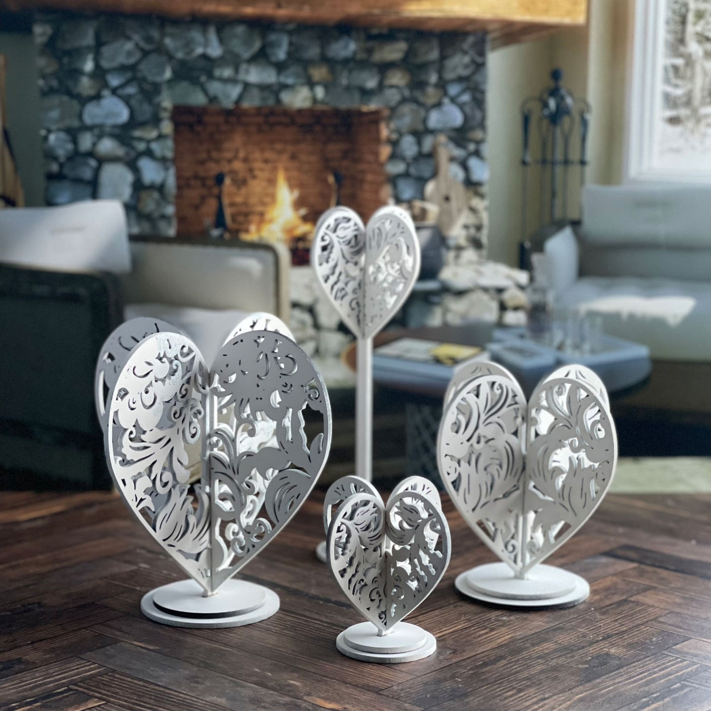 3D Flourish Farmhouse Style Hearts (Set of 4)