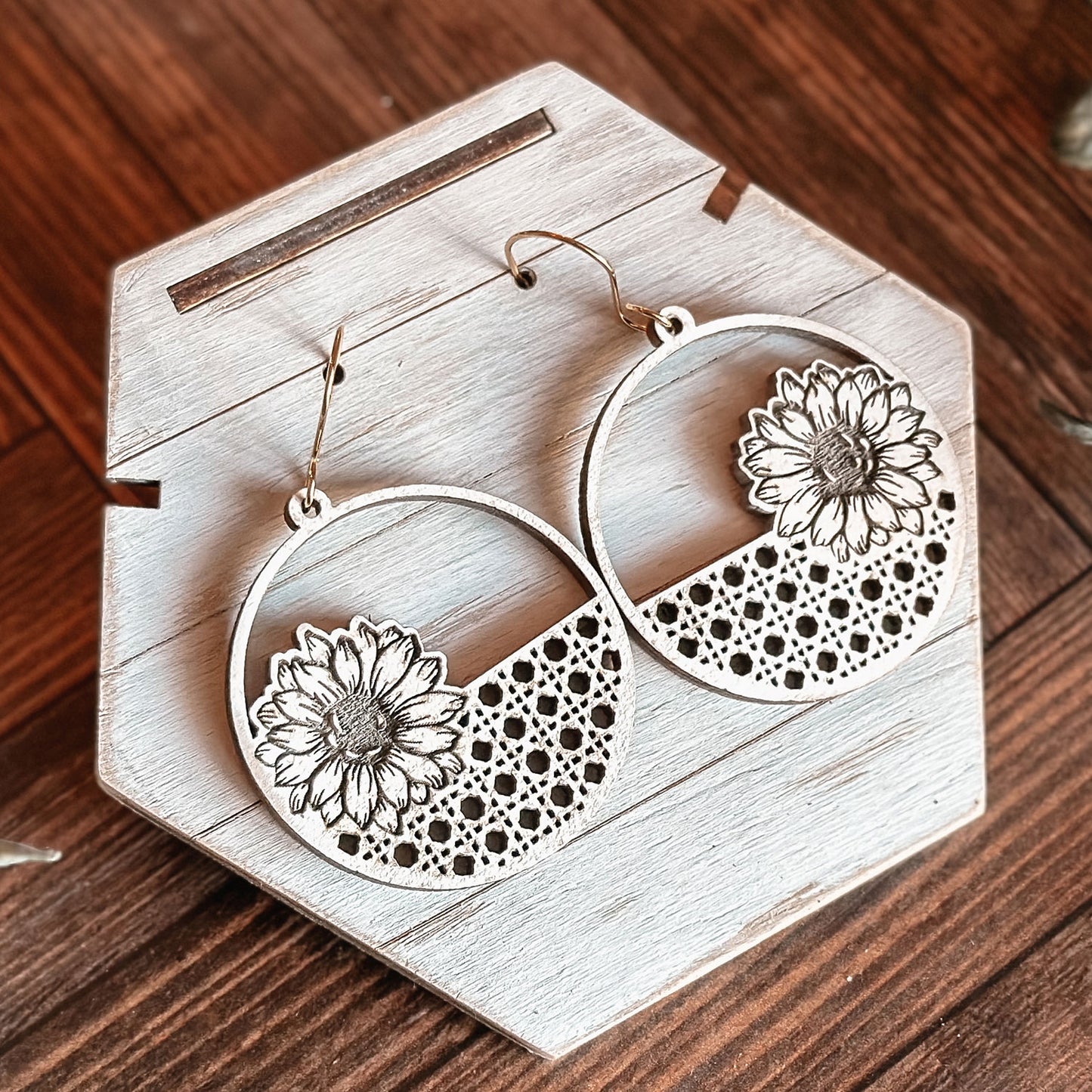 Round Boho Rattan Sunflower Earrings