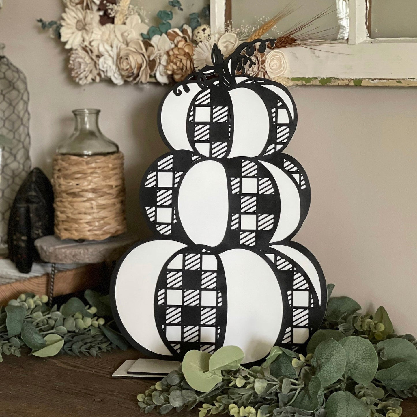 Buffalo Plaid Stacked Pumpkins Shelf Sitter