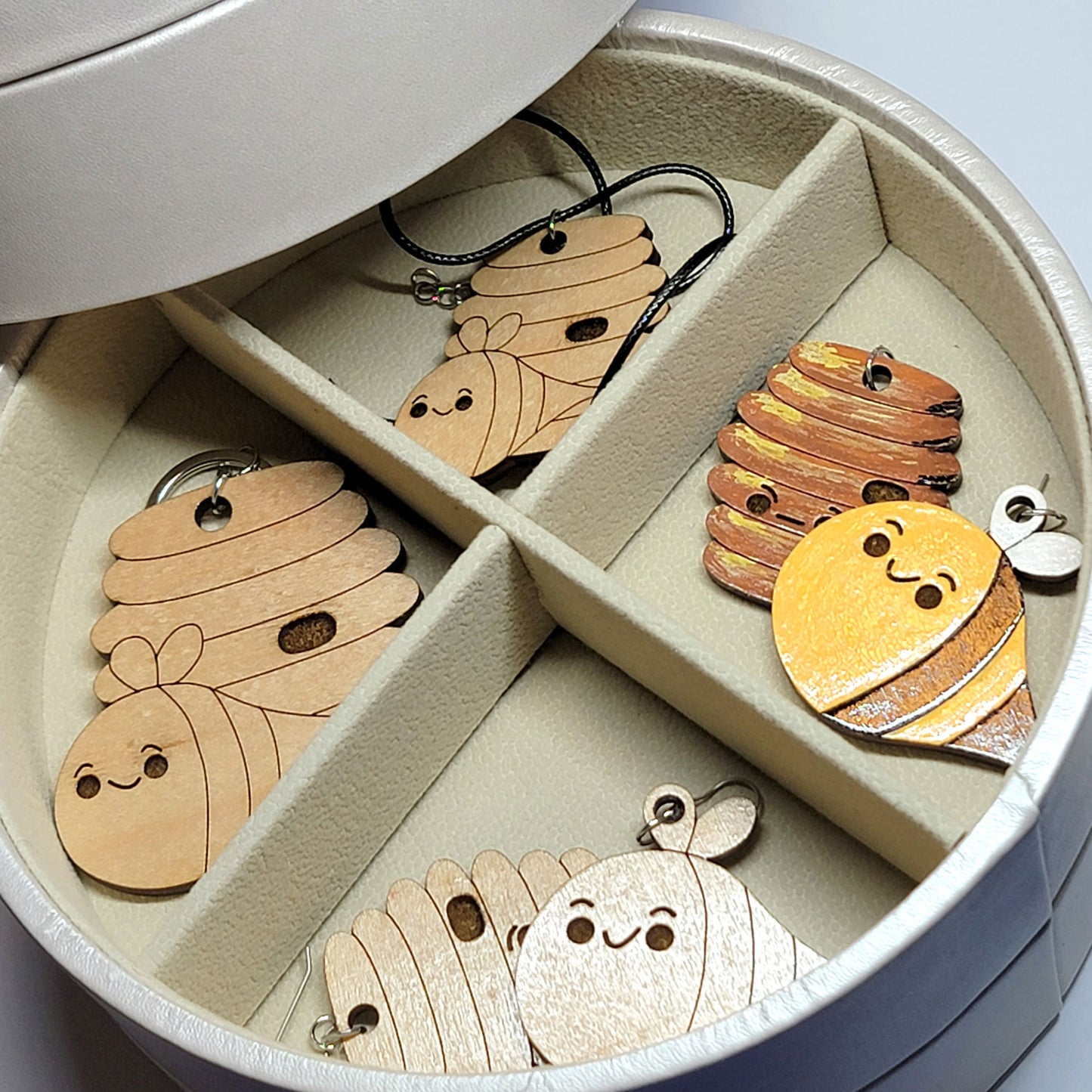 Busy Bee and Hive Kawaii Earrings, Pendant, and Keychain Set