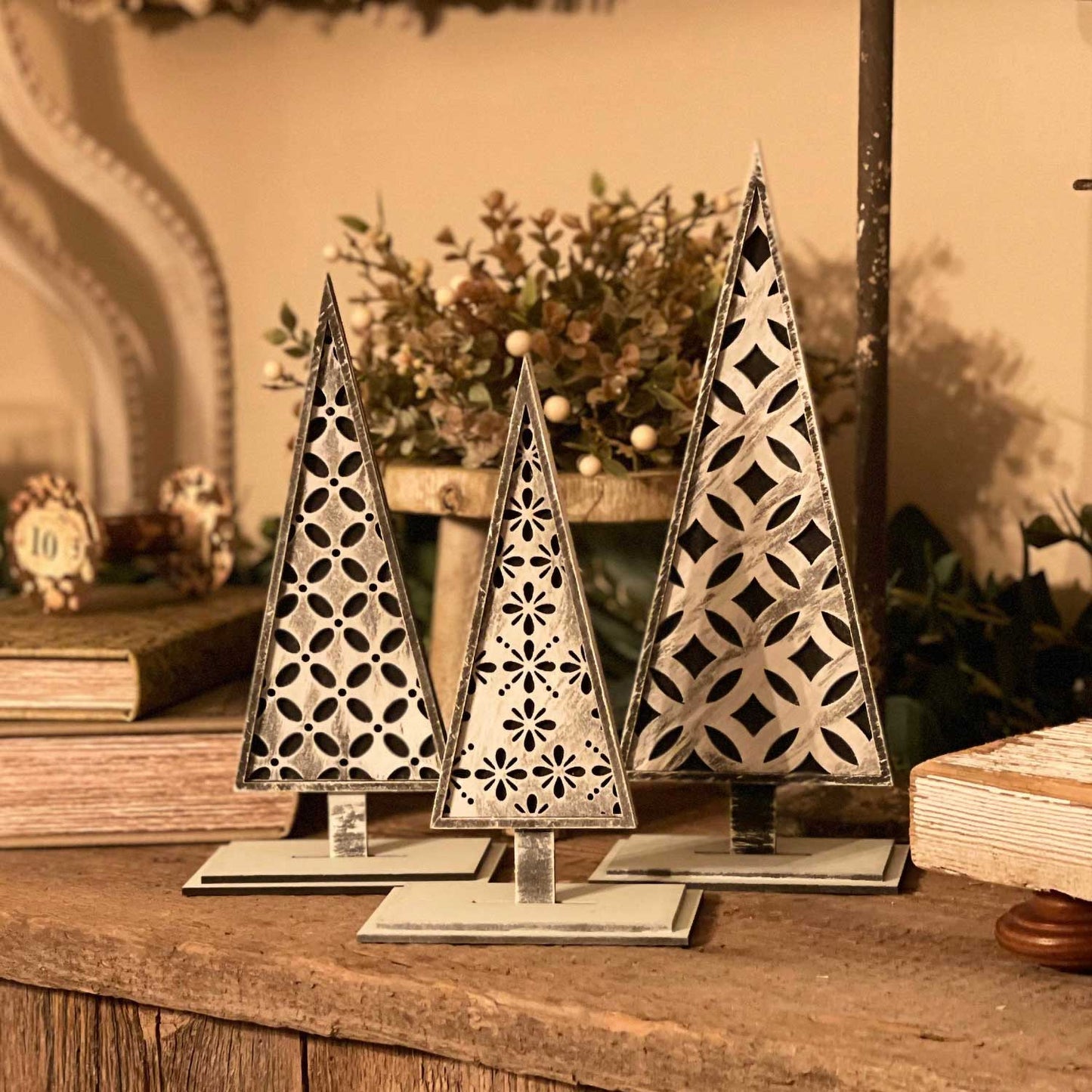 Farmhouse Style Christmas Tree Trio Shelf Sitters