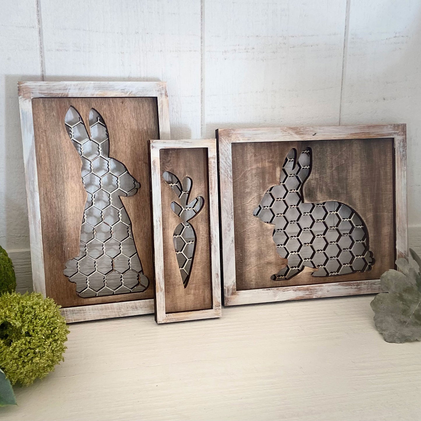 Faux Rustic Chicken Wire Spring Bunny Easter Sign (Set of 3)