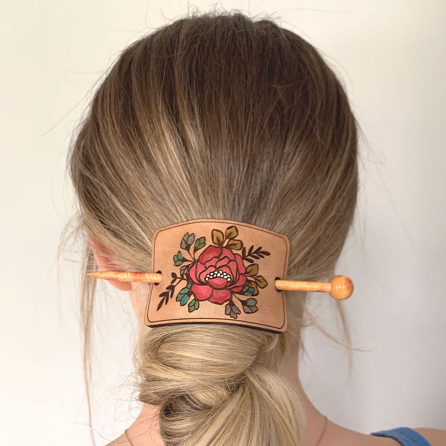 Floral Leather Hair Tie Bun Clip with Stick