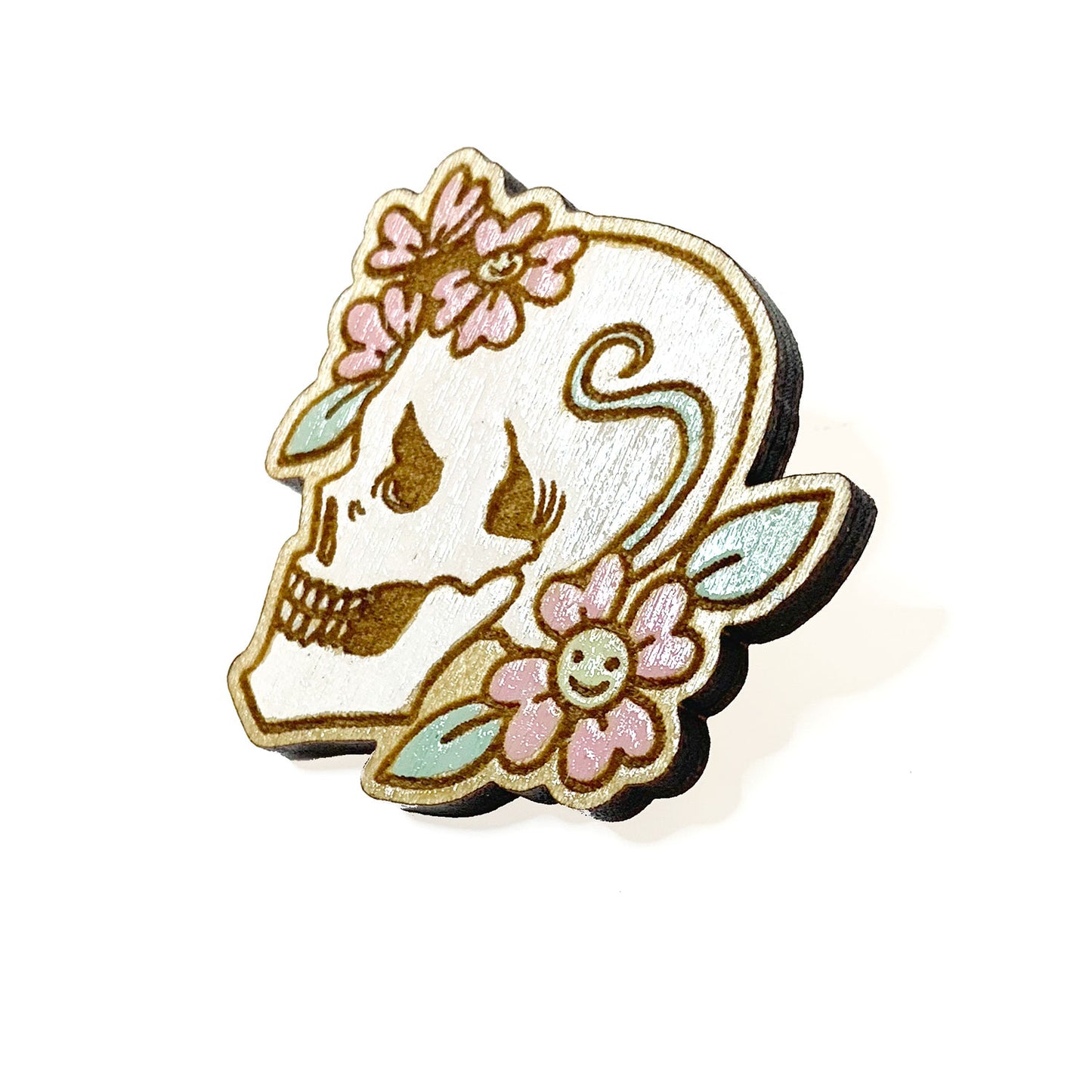 Flower Skull Wood Design For Pin, Tag And Wall Art