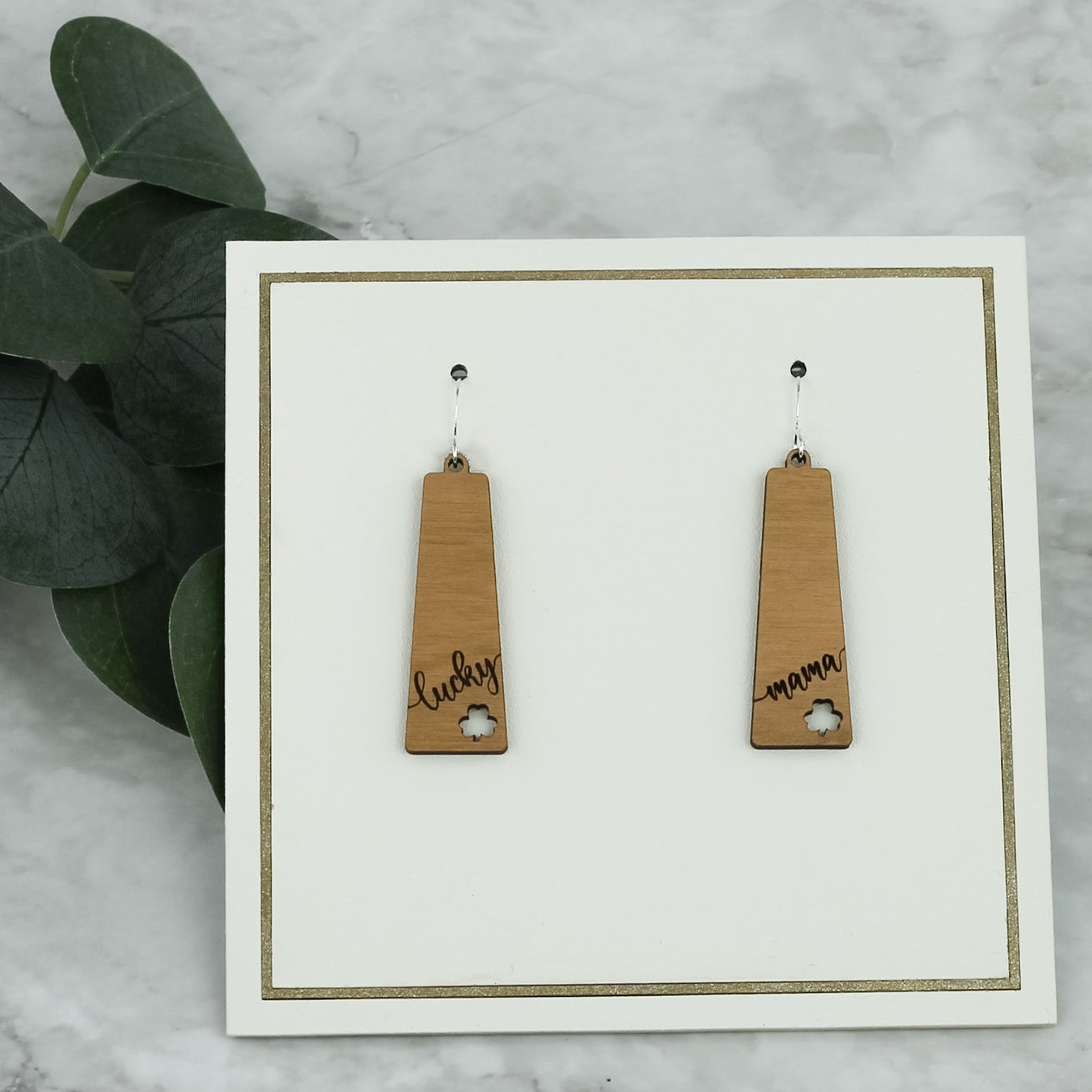 Lucky Mama Earrings - St. Patrick's Day Earrings - Trapezoid Shape Dangles with Shamrock Cutout