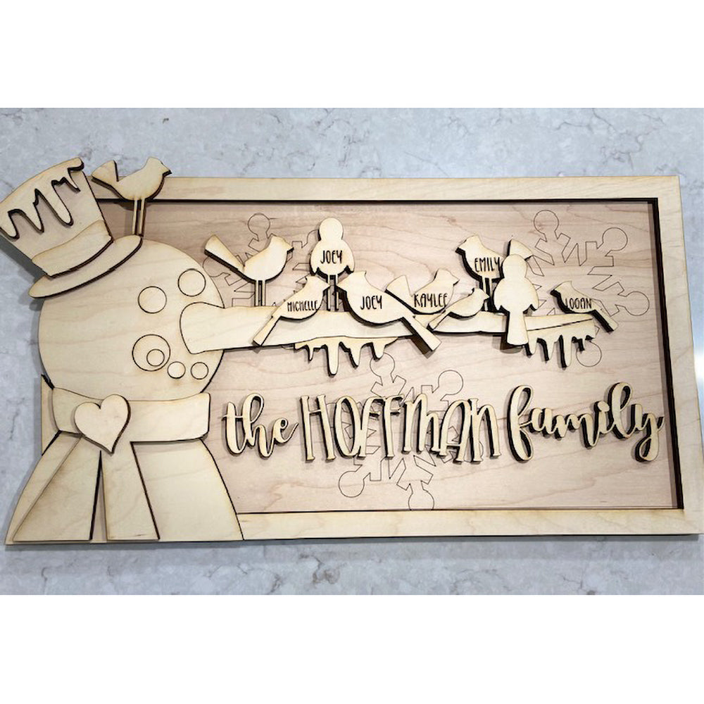 Personalized Snowman Family Name Sign with Winter Cardinals and Bluebirds