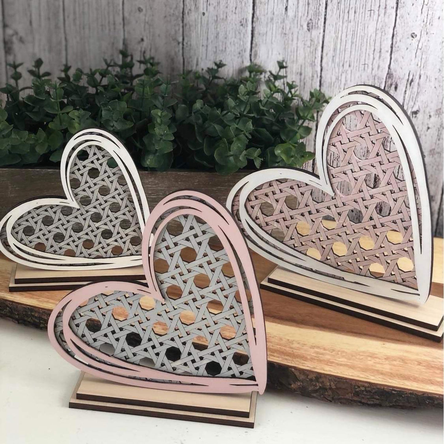 Rattan Cane Hearts Shelf Sitters (Set of 3)