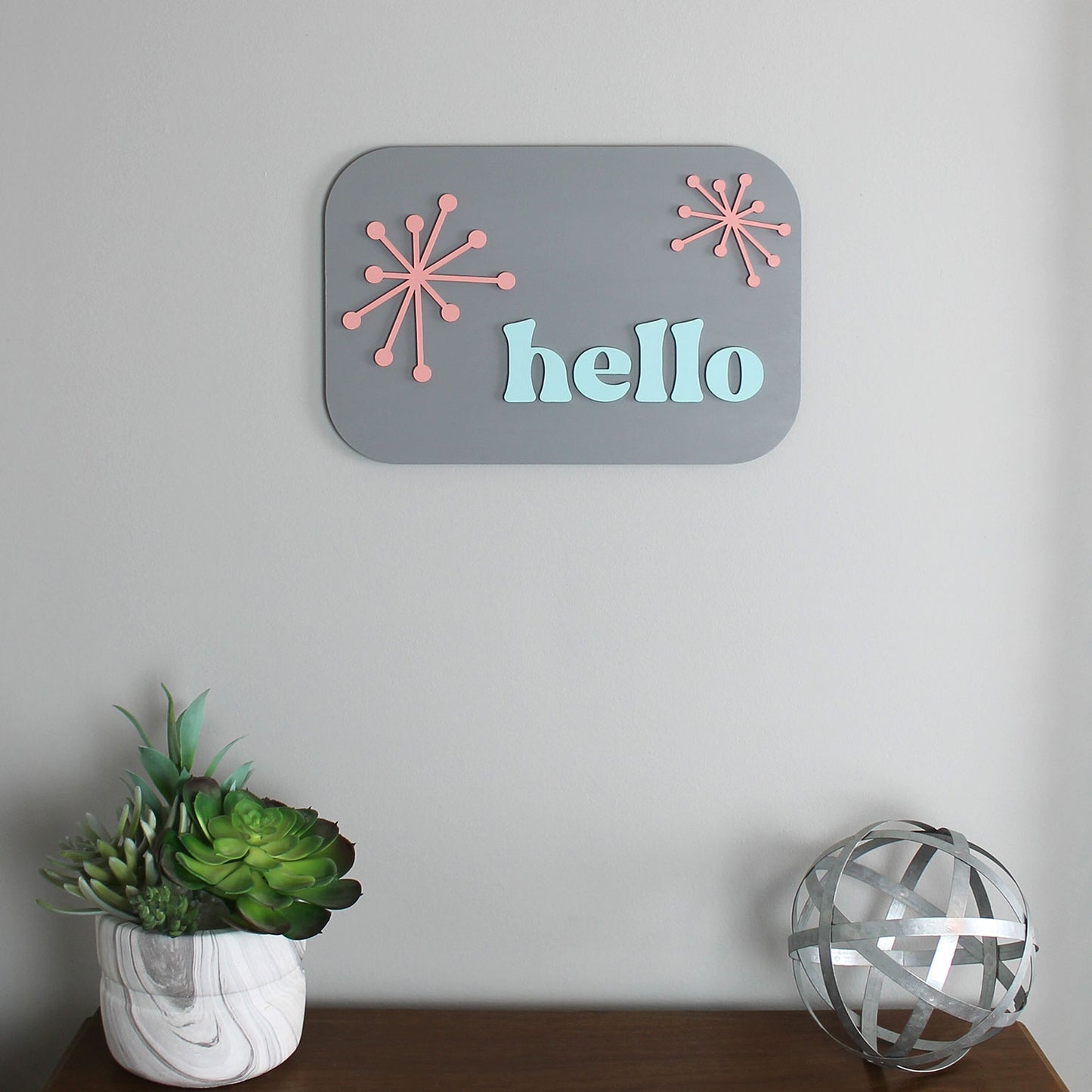 Retro Starburst Hello Wall Sign Rectangle Shelf Sitter
