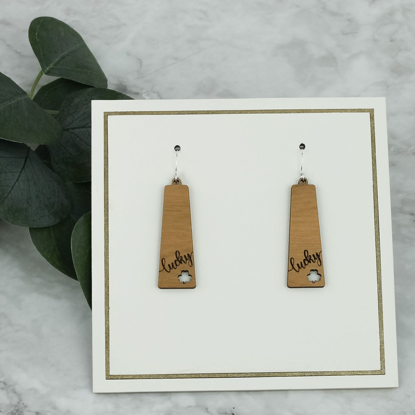 St. Patrick's Day Earrings - Lucky Earrings - Trapezoid Shape Dangles with Shamrock Cutout