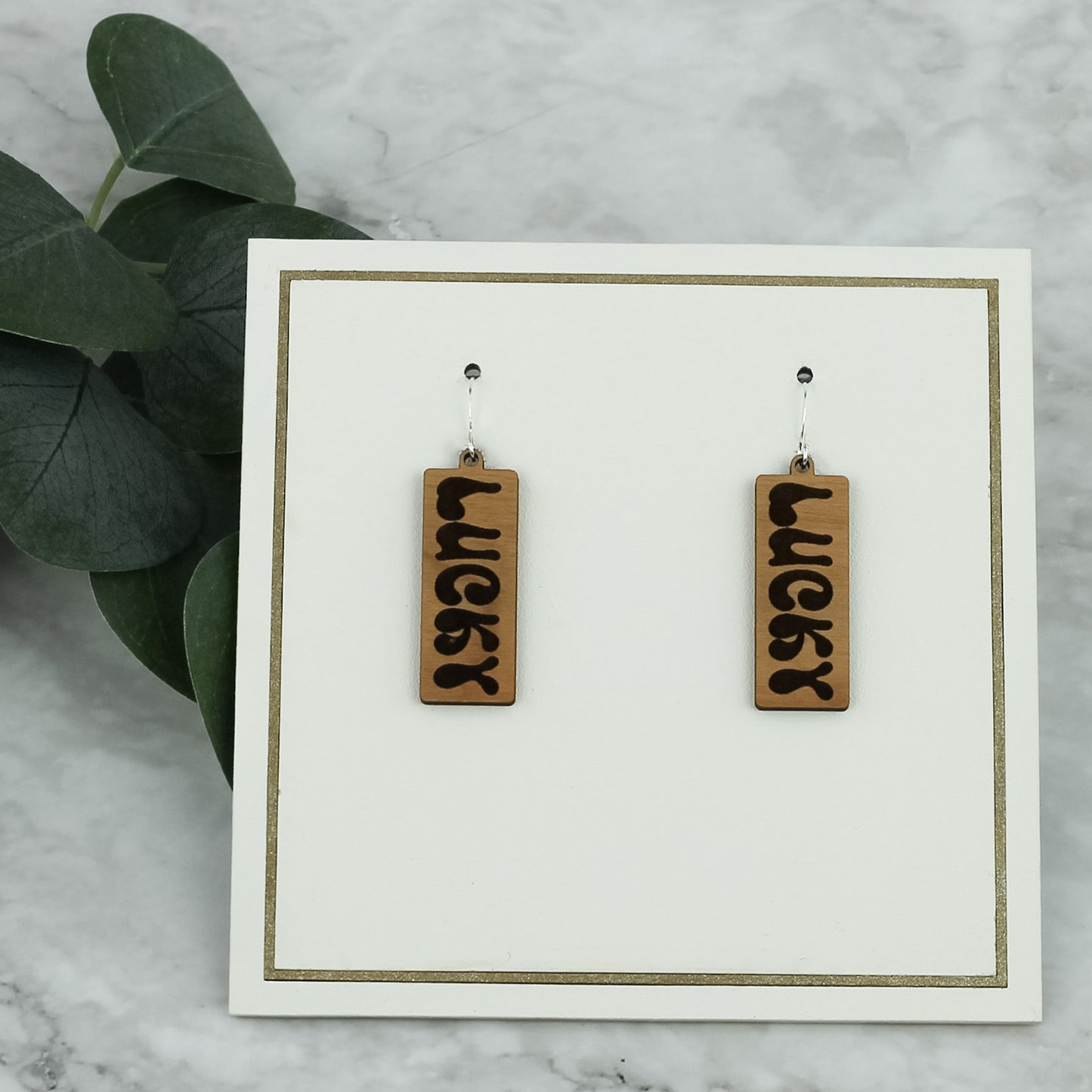 St. Patrick's Day Earrings - Rectangle Bar Dangles with Lucky Engraved