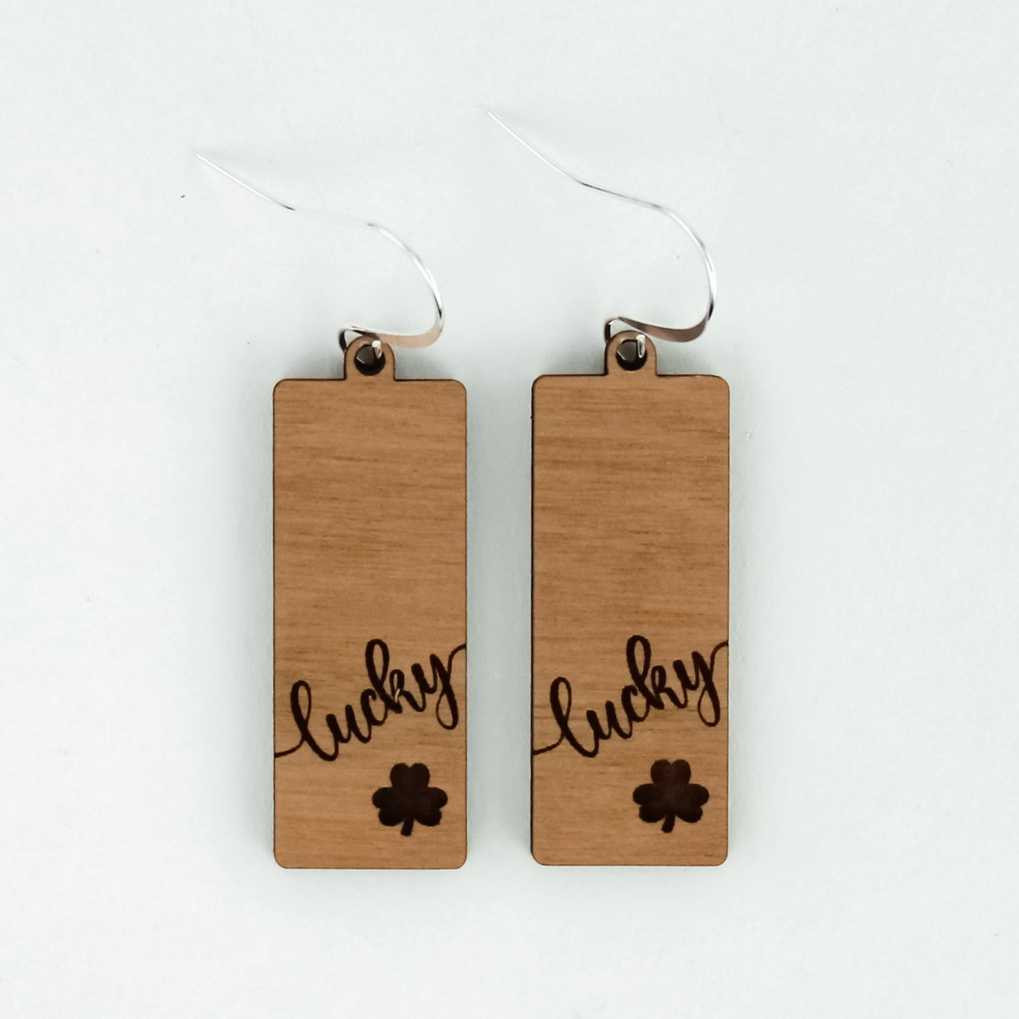 St. Patrick's Day Earrings - Rectangle Bar Dangles with Lucky and Single Shamrock
