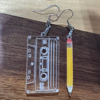 80s Cassette Tape and Pencil Earrings - Glowforge