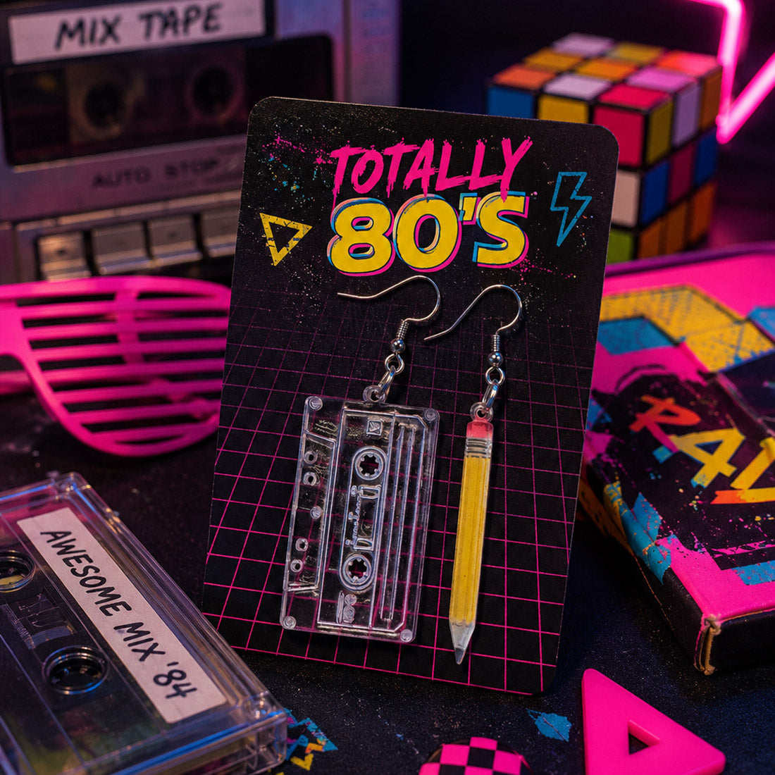 80s Cassette Tape and Pencil Earrings - Glowforge