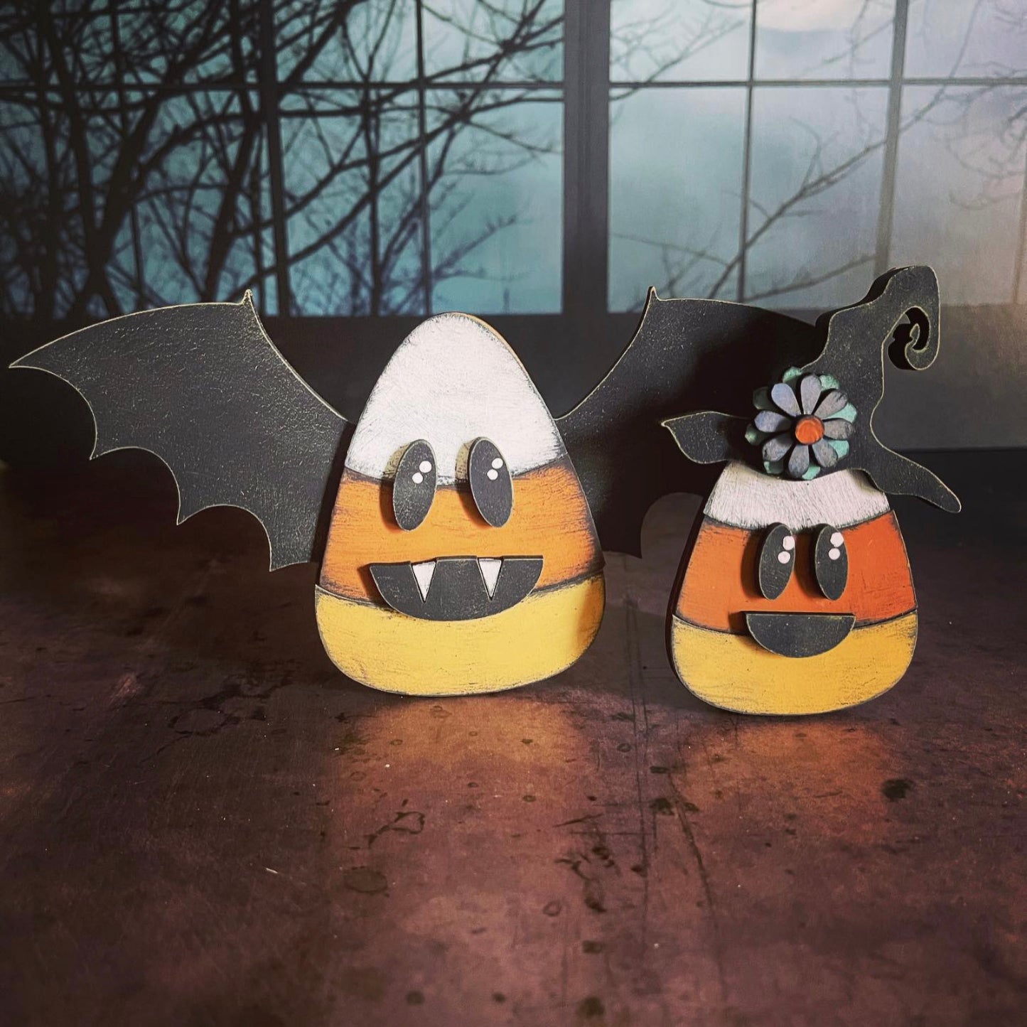 Candy Corn Friends Witch and Bat Shelf Sitters (Set of 2)