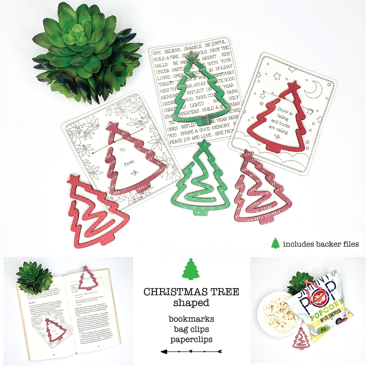 Christmas Tree-Shaped Bookmark with Card Backer - Paperclip - Snack Bag Closure