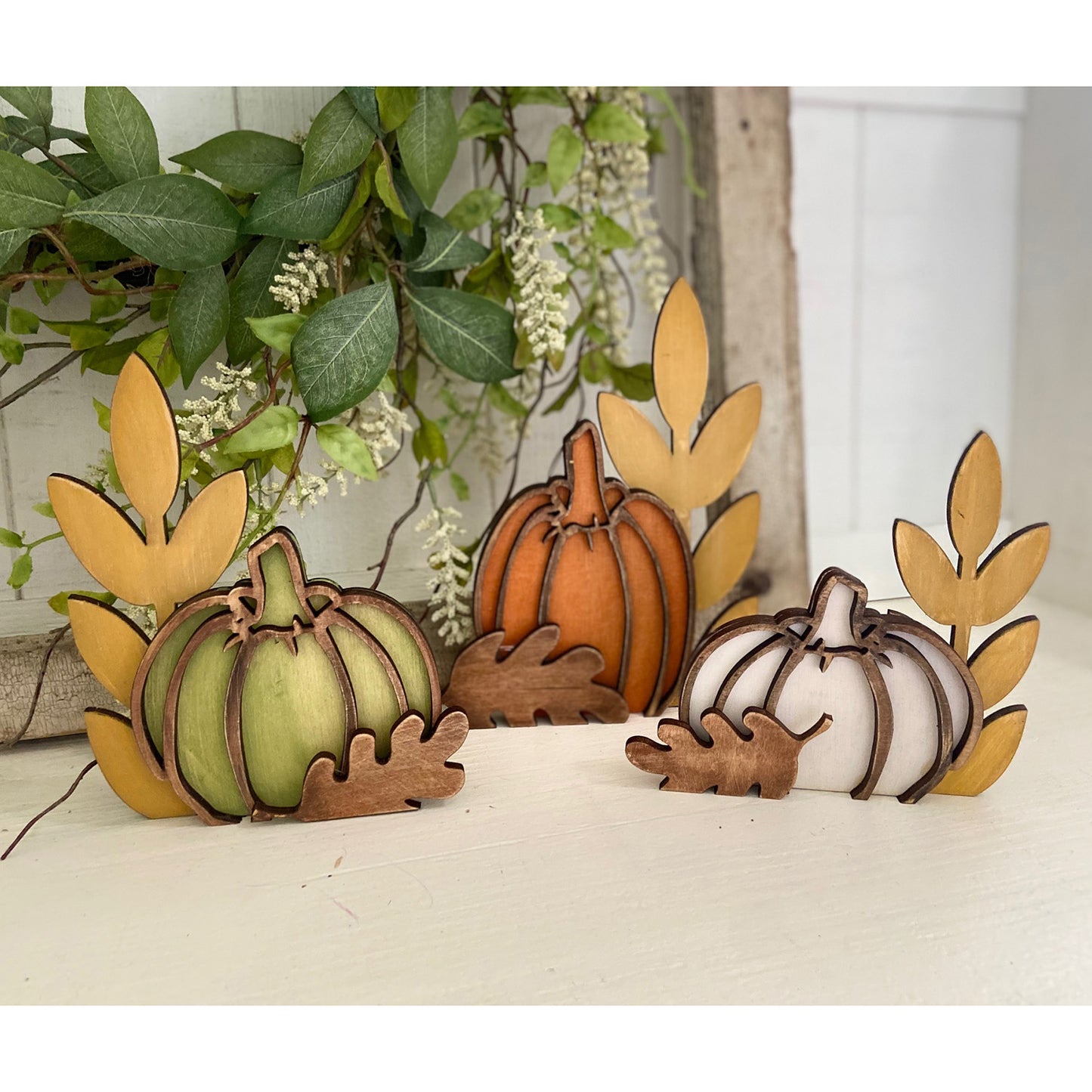 Chunky Pumpkin Shelf Sitters with Wheat and Leaves Fall Décor (Set of 3)