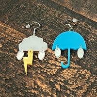 Cloudy Day Dangle Earrings - Umbrella and Raindrops Dangle Earrings