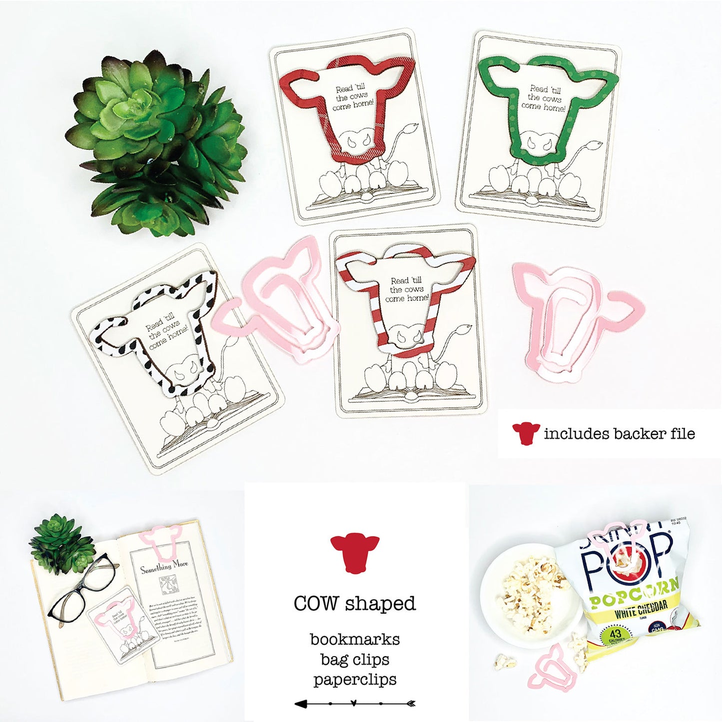 Cow-Shaped Bookmark with Card Backer - Paperclip - Snack Bag Closure