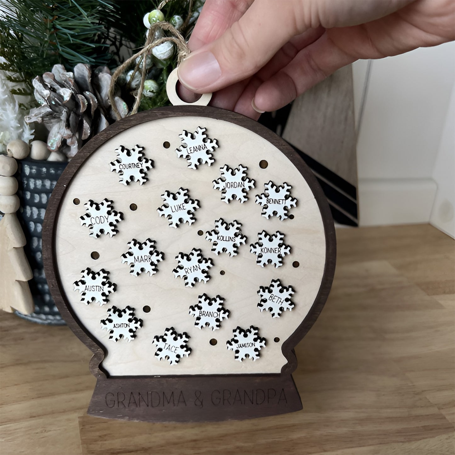 Customizable Family Snow Globe Ornament with Snowflakes