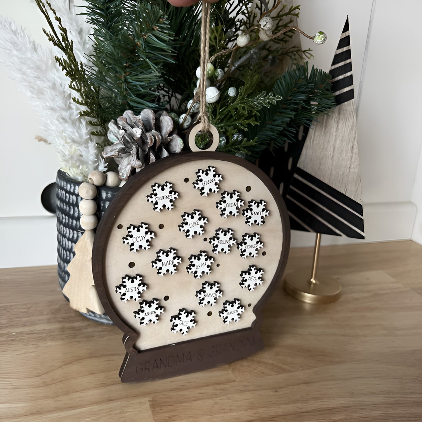 Customizable Family Snow Globe Ornament with Snowflakes