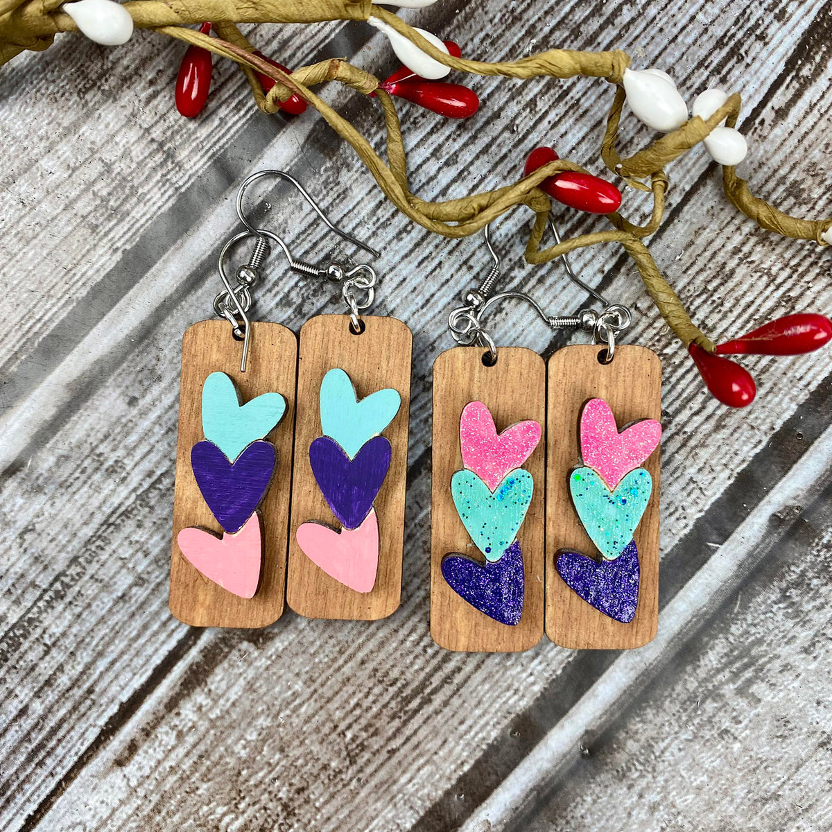 Wood Heart Valentines Day Earrings