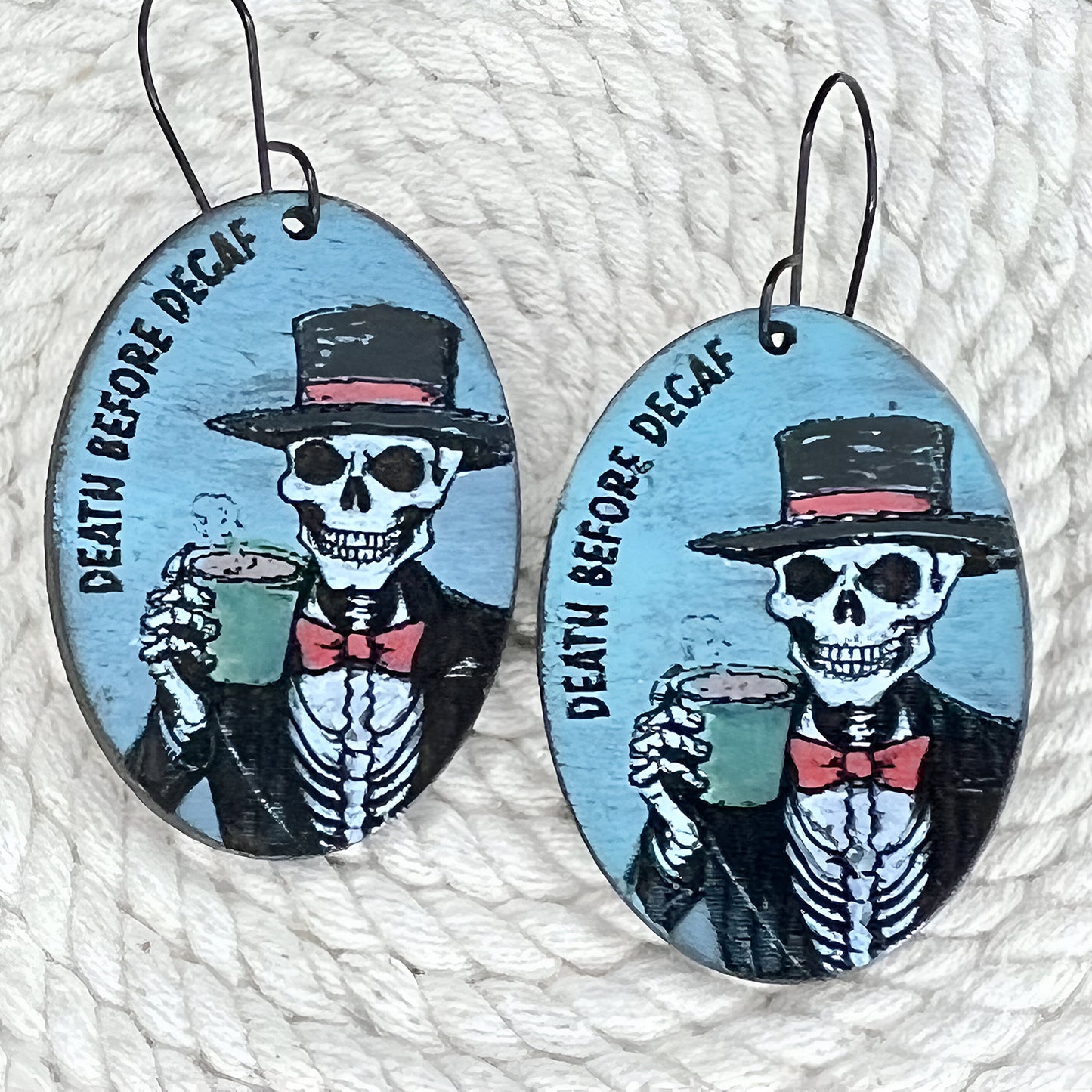 Death Before Decaf Skeleton Dangle Earrings - Halloween Earrings