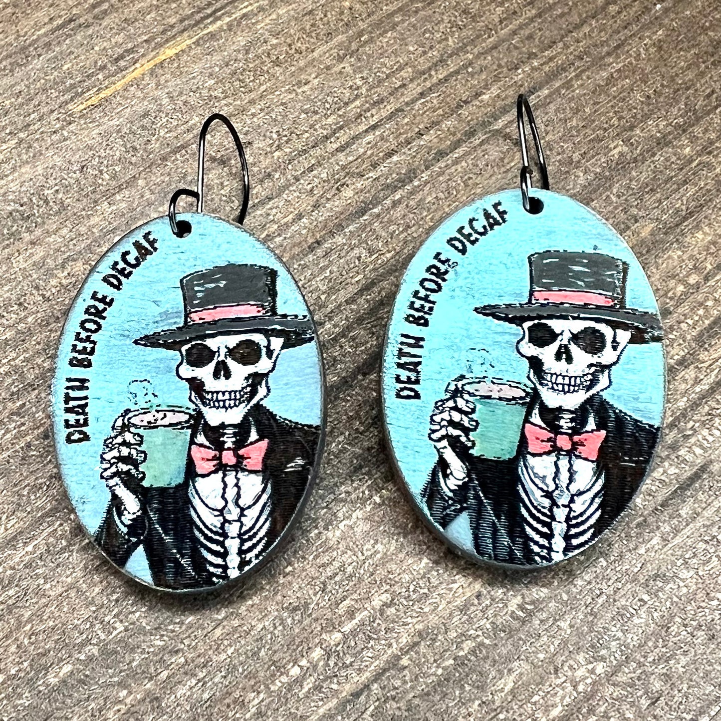 Death Before Decaf Skeleton Dangle Earrings - Halloween Earrings