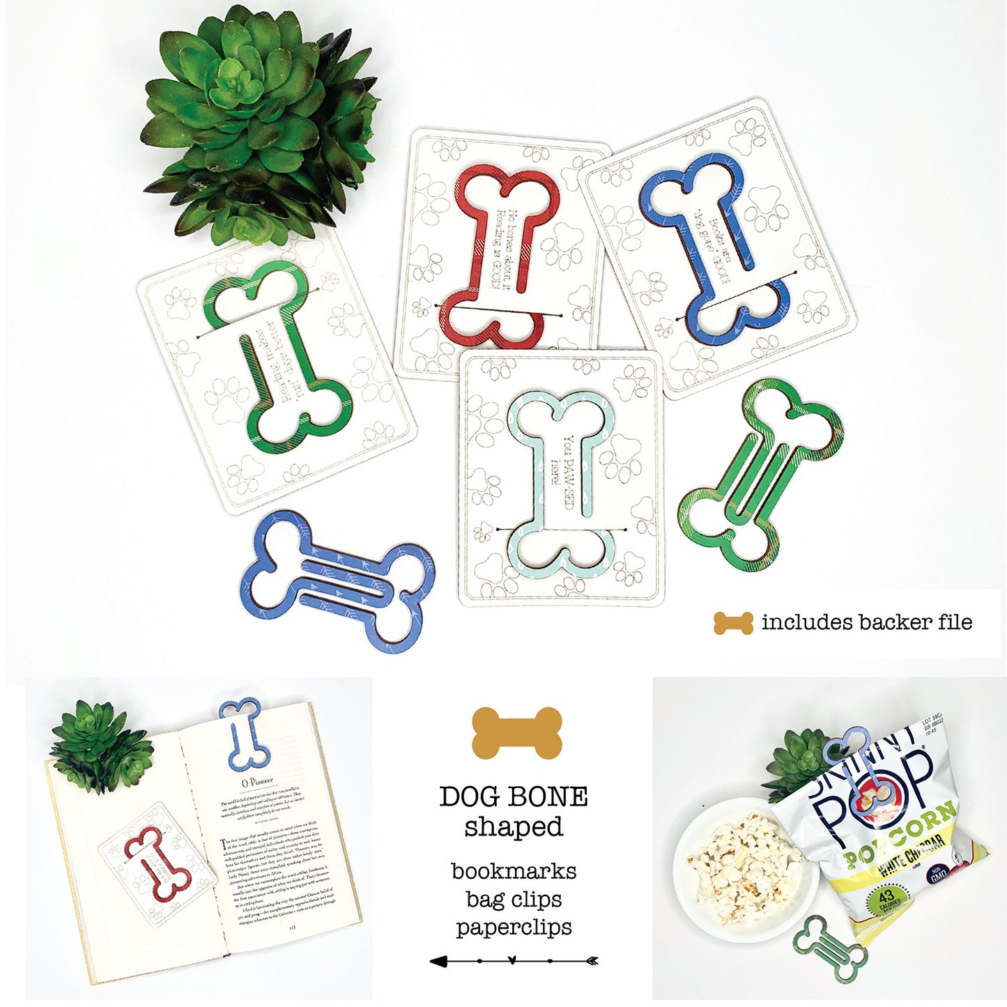 Dog Bone-Shaped Bookmark with Card Backer - Paperclip - Snack Bag Closure