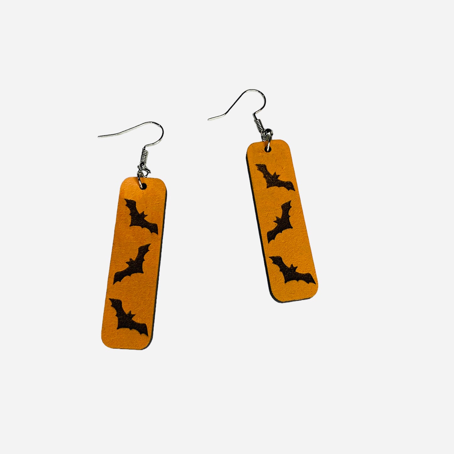 Engraved Spooky Bat Halloween Bar Earrings
