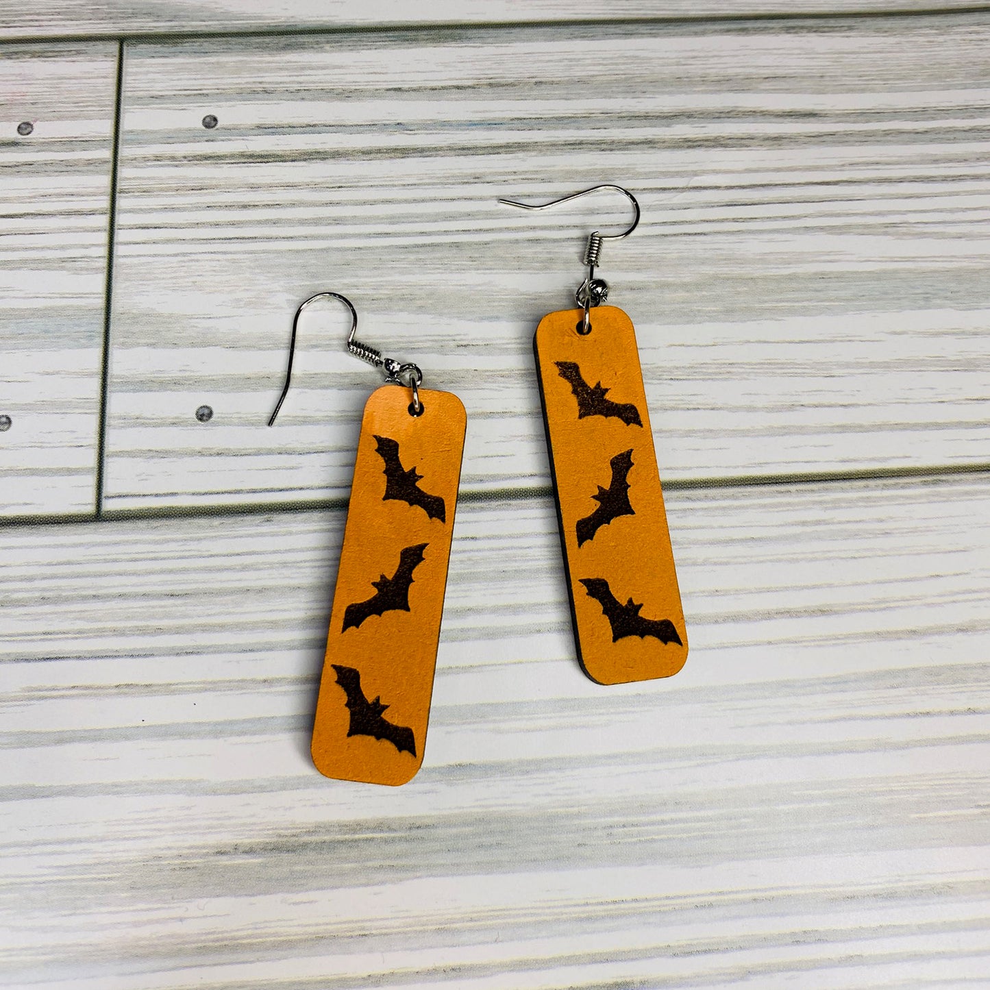 Engraved Spooky Bat Halloween Bar Earrings