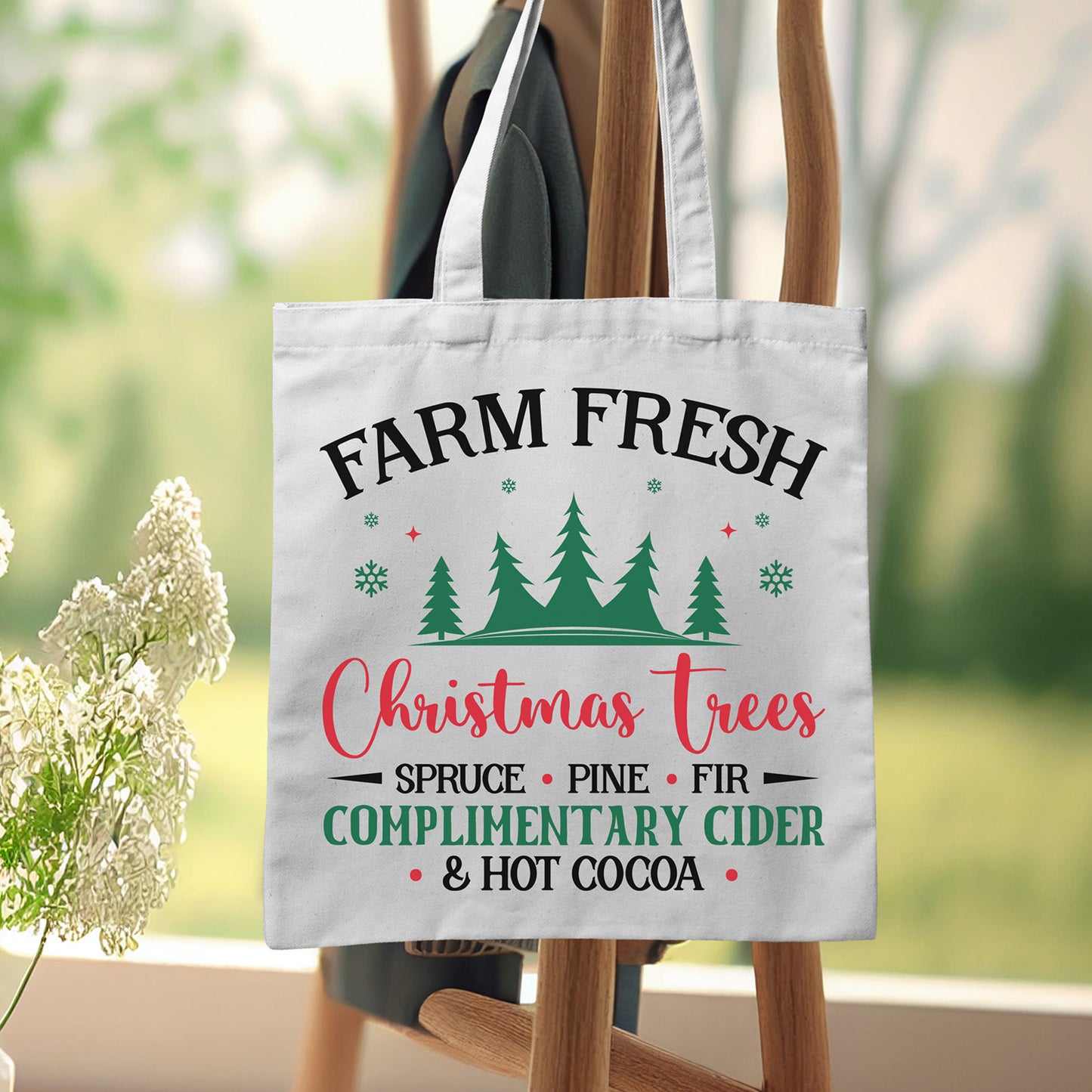 "Farm Fresh Christmas Trees Spruce Pine Fir Complimentary Cider & Hot Cocoa" Graphic