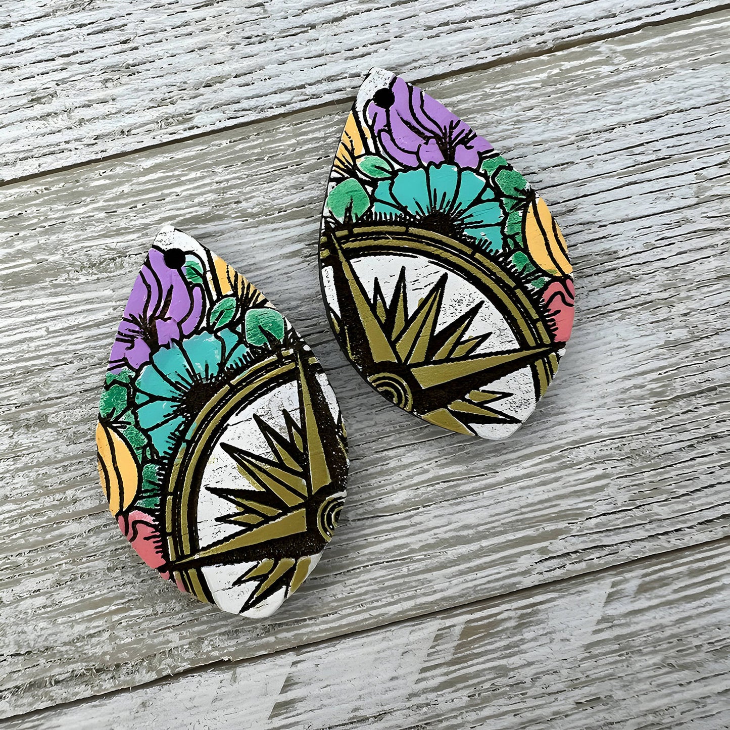 Floral Nautical-Themed Teardrop Earrings - "Compass and Flowers"