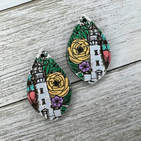 Floral Nautical-Themed Teardrop Earrings - "Lighthouse and Flowers"