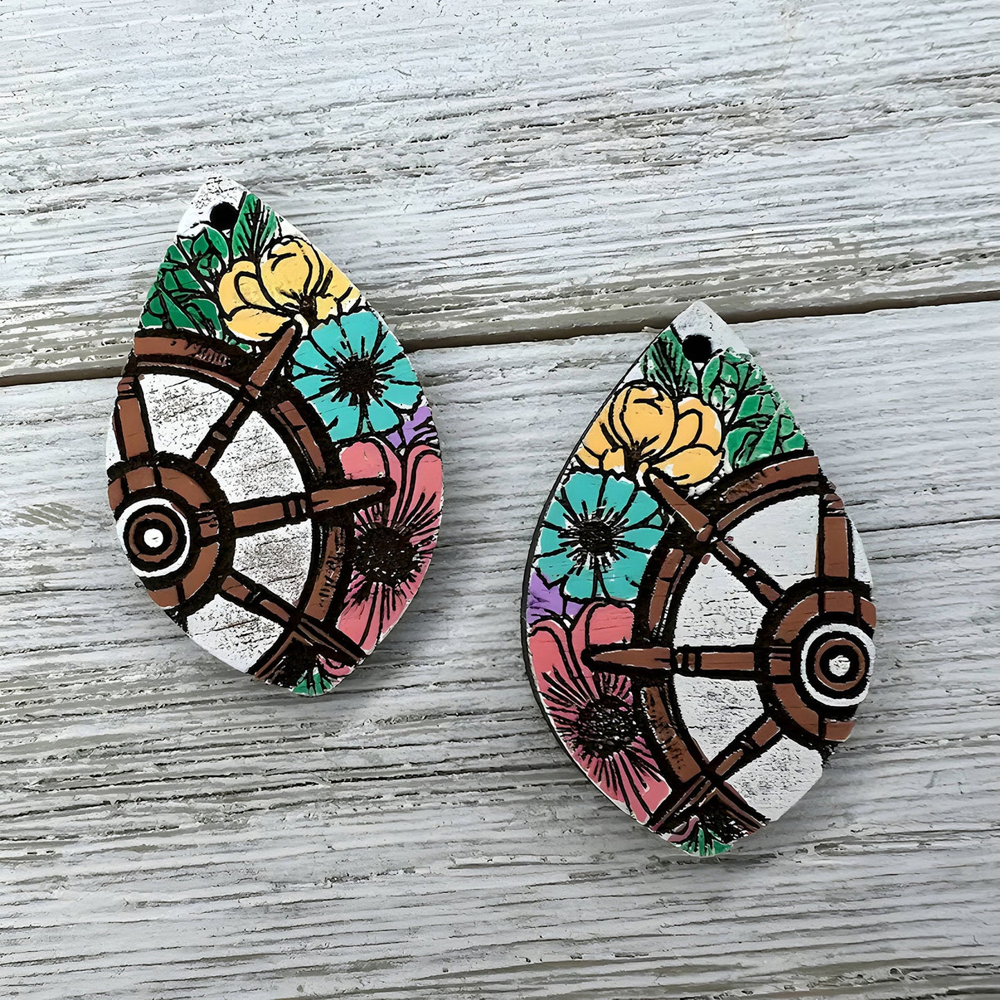 Floral Nautical-Themed Teardrop Earrings - "Ship's Wheel and Flowers"