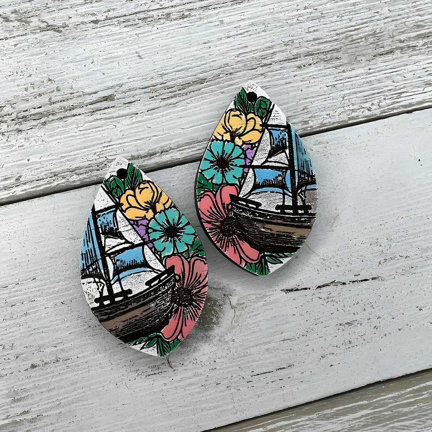Floral Nautical-Themed Teardrop Earrings - "Ship and Flowers"