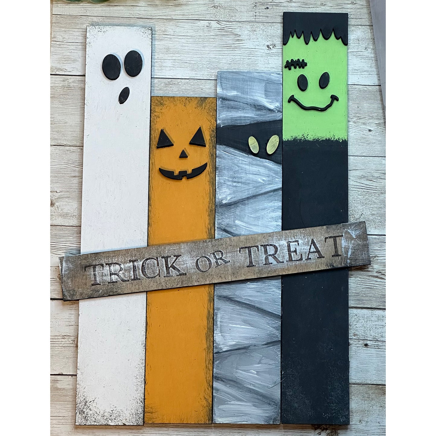 Ghost, Pumpkin, Mummy and Frankenstein Halloween Door Sign