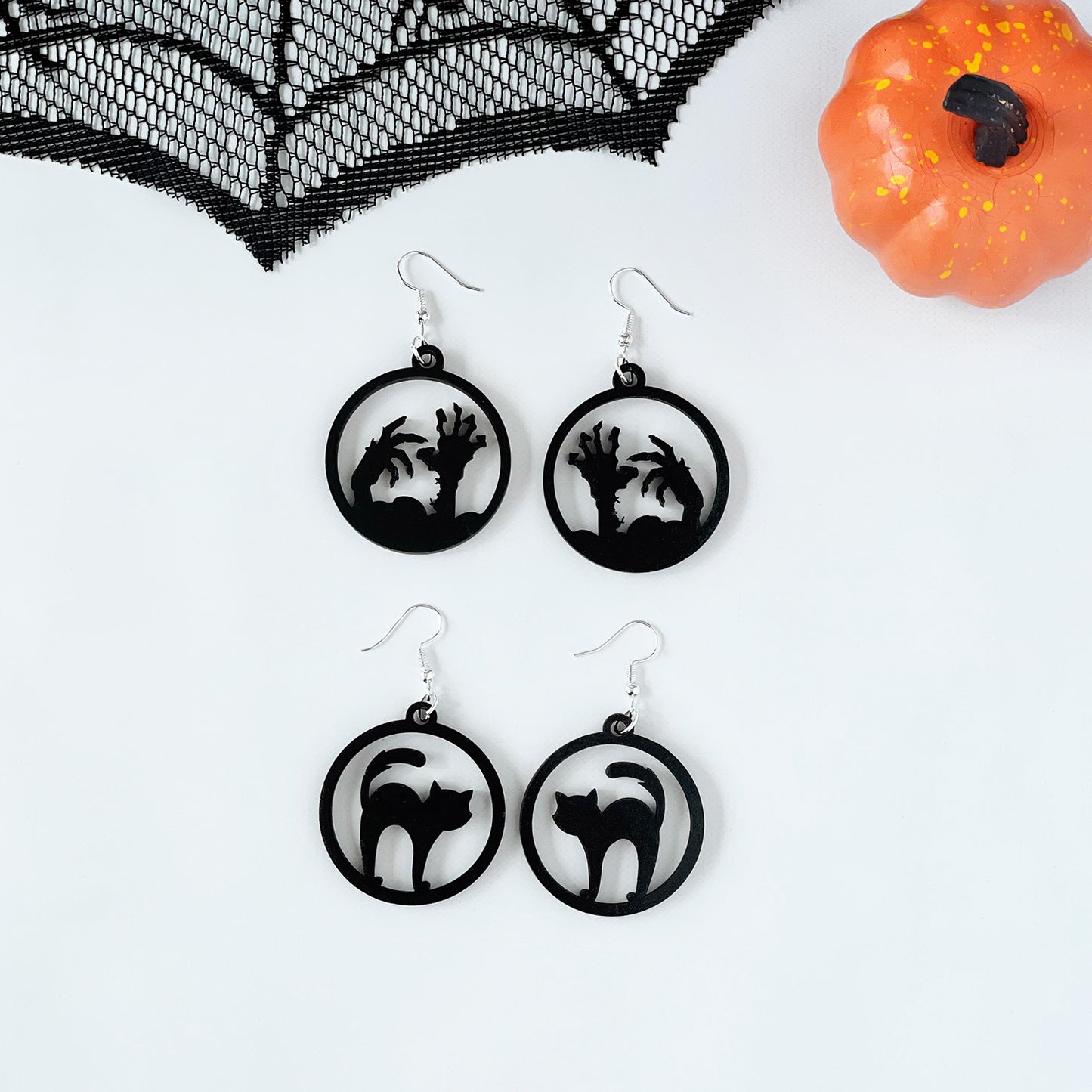 Halloween Black Cat Round Dangle Earrings