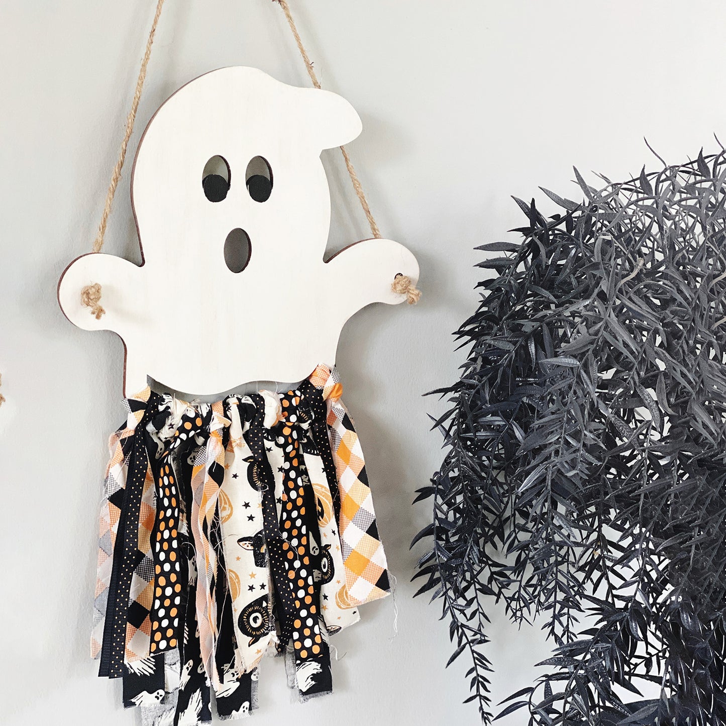 Halloween Rag Tie Ghost Boho Macrame Ghost Sign Banner Ornament Set