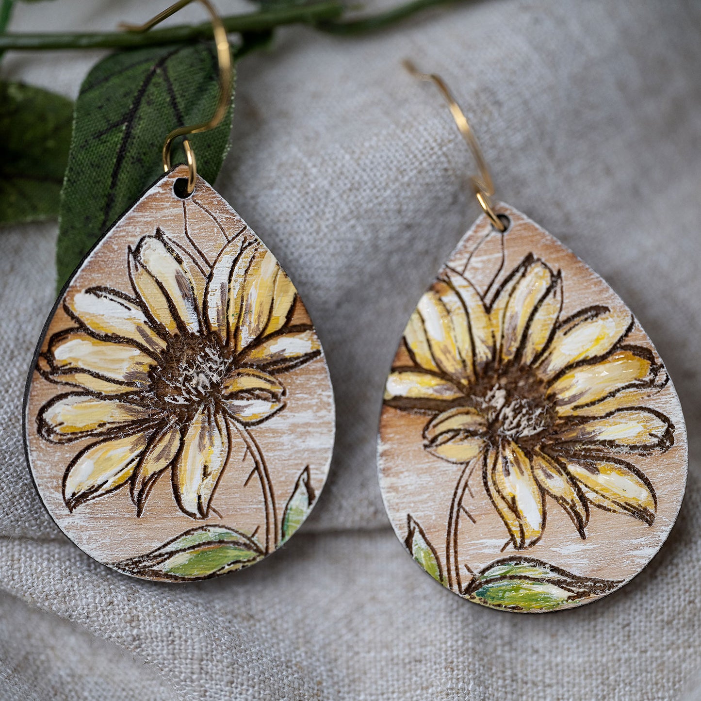 Hand-drawn Style Sunflower with Leaves Teardrop Earrings