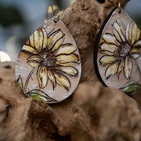 Hand-drawn Style Sunflower with Leaves Teardrop Earrings