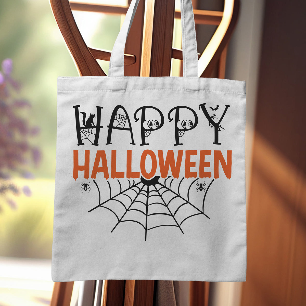 "Happy Halloween" With Spider Webs Graphic - Glowforge