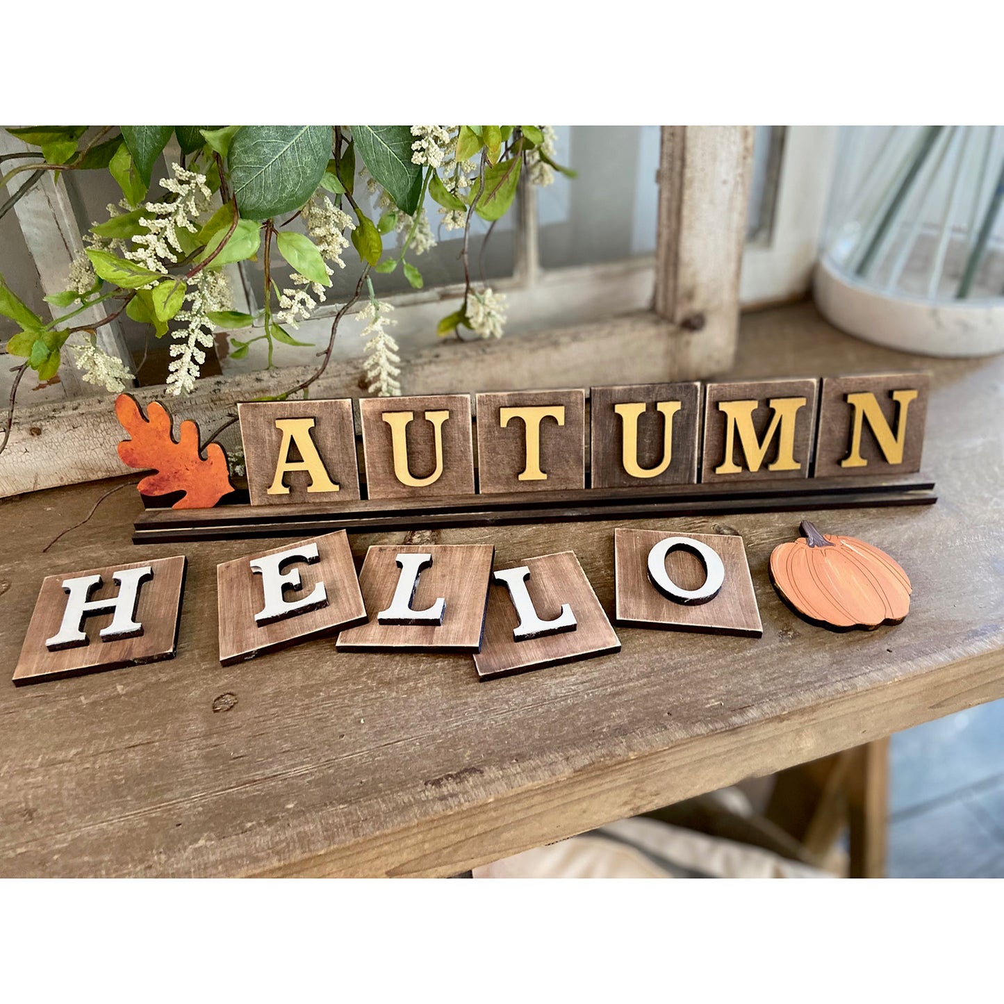 Hello Pumpkin and Autumn Leaves Interchangeable Letter Tiles with Base Sign