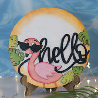 Hello With Cool Flamingo Door Hanger - Flamingo Round Door Sign