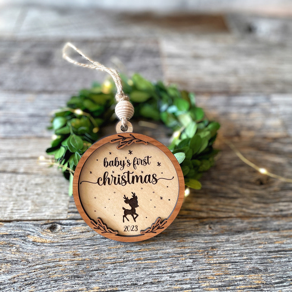 Baby's First Christmas Custom Wood Ornament With Adorable Reindeer