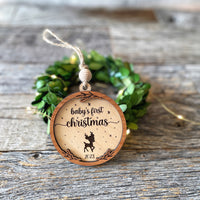 Baby's First Christmas Custom Wood Ornament With Adorable Reindeer