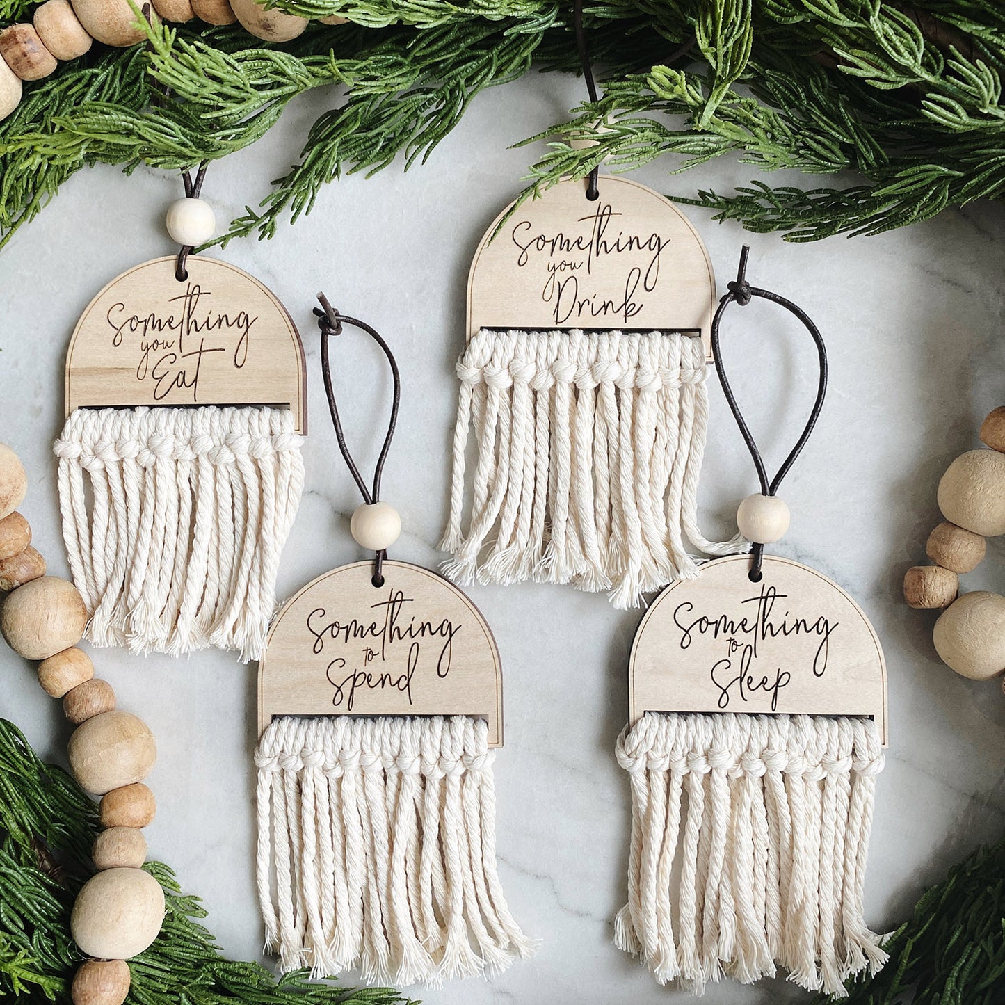 Macrame Boho Style Gift Tags / Christmas Stocking Tags - Eat, Drink, Spend, Sleep  (Set of 8)