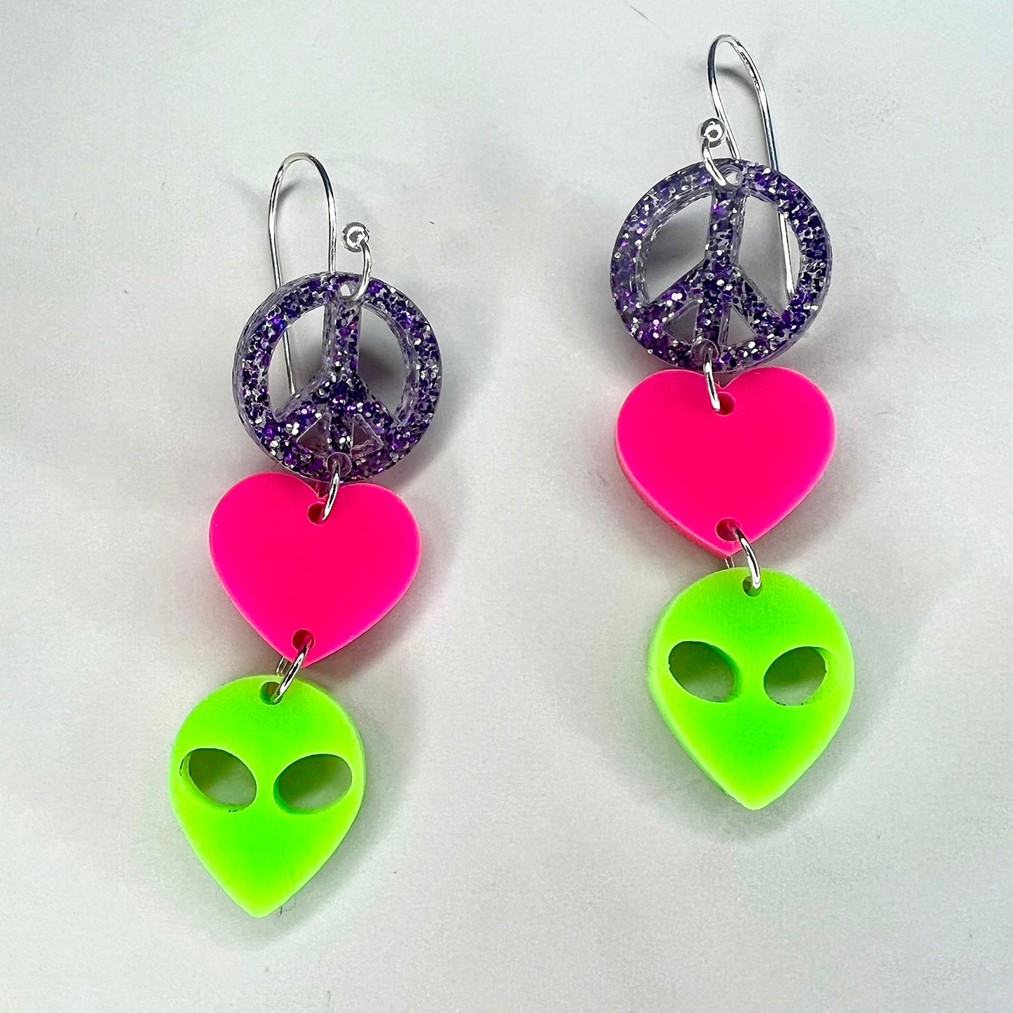 Peace, Love, Alien Dangle Earrings