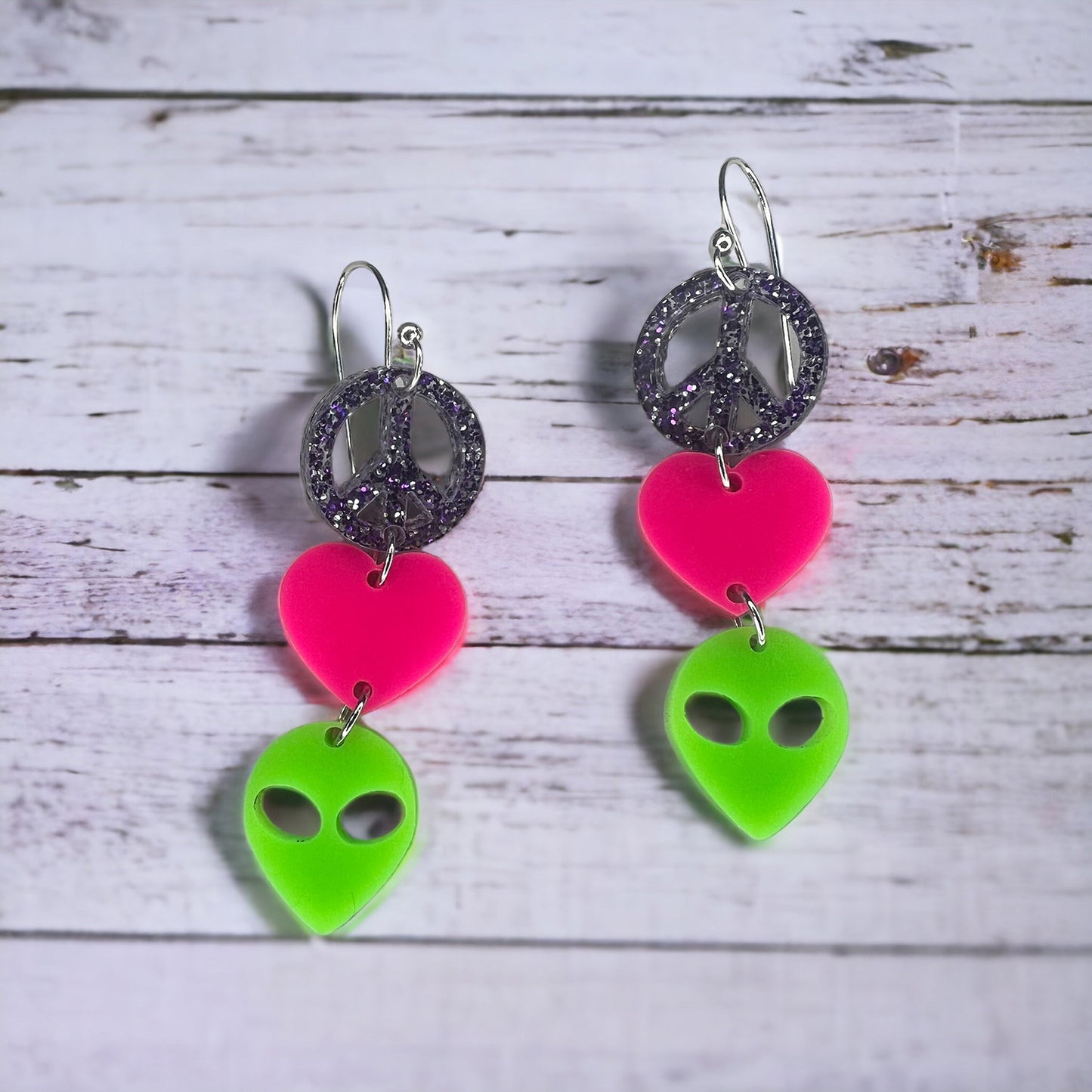 Peace, Love, Alien Dangle Earrings