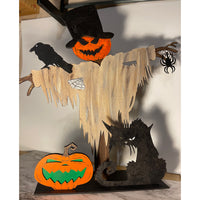 Personalizable Halloween Scarecrow with Crow, Pumpkin and Black Cat Accent